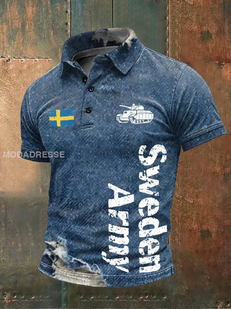 Herr vintage sliten svenskt militärt tema Casual T-shirt som bild / S