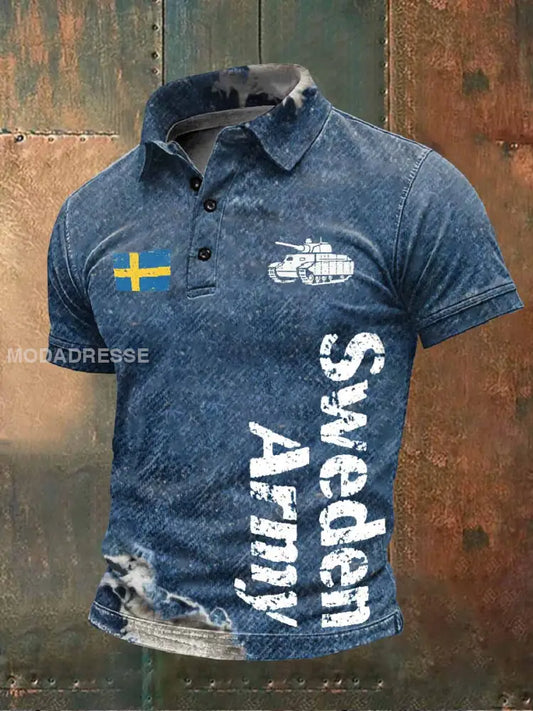 Herr vintage sliten svenskt militärt tema Casual T-shirt som bild / S