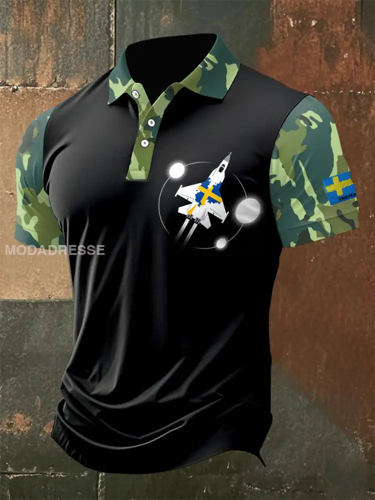 Herr Vintage Svensk Militar Krigare Skriv ut Casual Pikétröja som bild / S