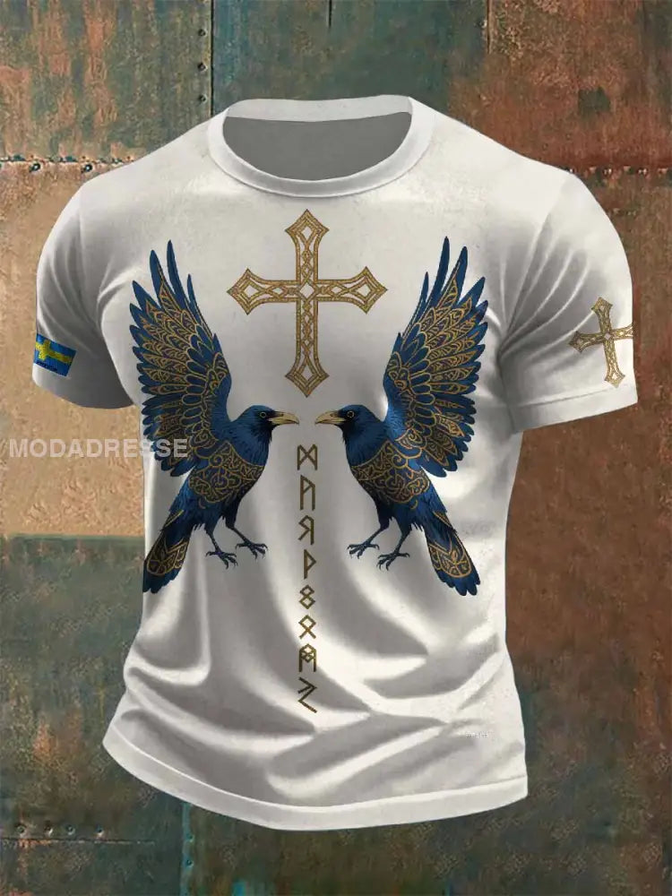 Herr Vintage Svensk Viking Raven Skriv ut Casual T-shirt som bild / S