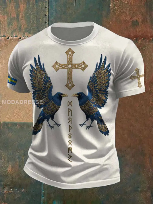 Herr Vintage Svensk Viking Raven Skriv ut Casual T-shirt som bild / S
