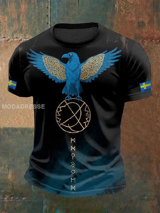 Herr Vintage Svensk Viking Raven Skriv ut Casual T-shirt som bild / S