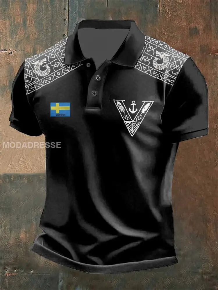 Herr Vintage Viking Print Casual Pikétröja som bild / S