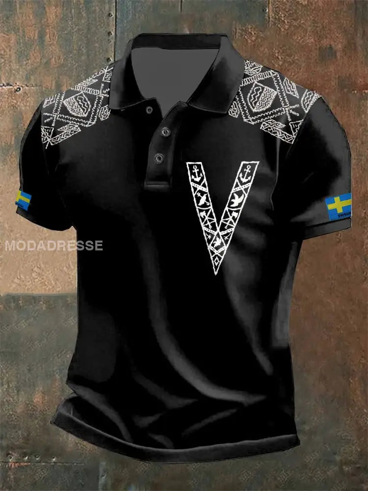 Herr Vintage Viking Print Casual Pikétröja som bild / S