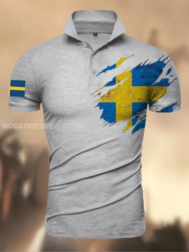 Herren Sverige Flagg Grafiskt tryckt atletisk Retro Style V-hals korta ärmar Polo-shirt A / S
