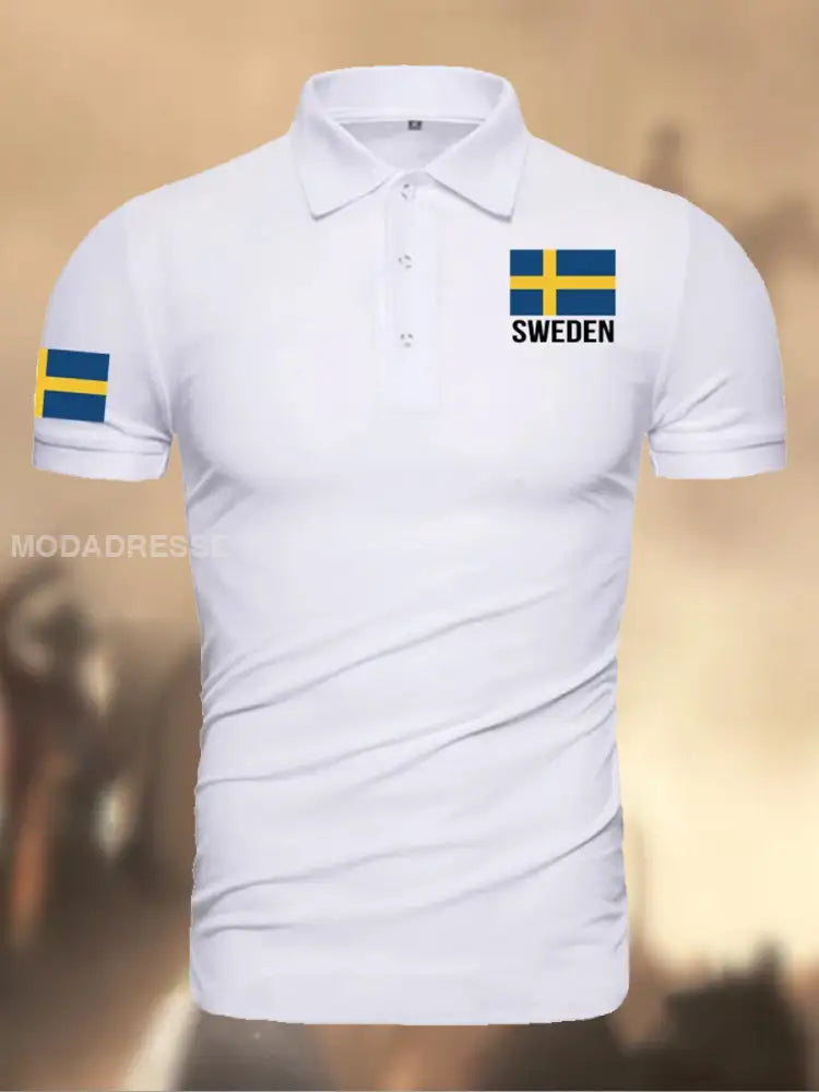 Herren Sverige Flagg Grafiskt tryckt atletisk Retro Style V-hals korta ärmar Polo-shirt A / S