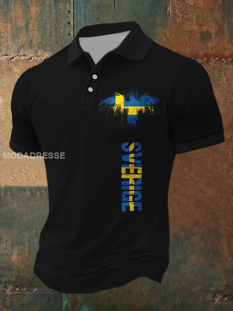 Herren Sverige Flagg Grafiskt tryckt atletisk Retro Style V-hals korta ärmar Polo-shirt A / S