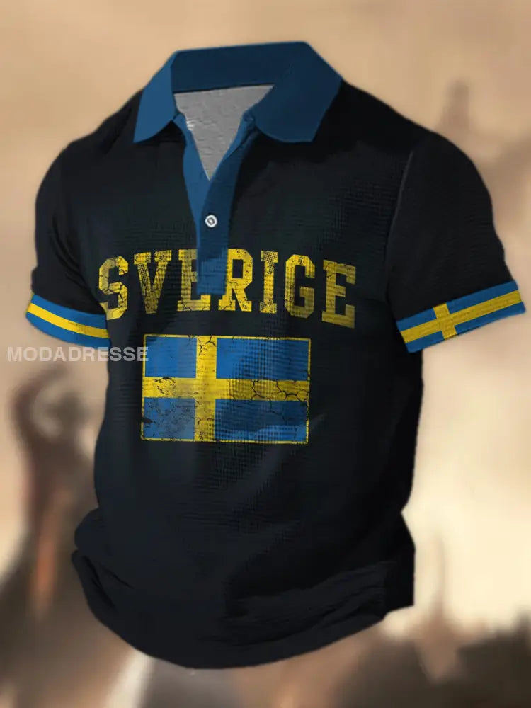 Herren Sverige Flagg Grafiskt tryckt våffle Texture Attlott V-hals korta ärmar Polo tröj A / S