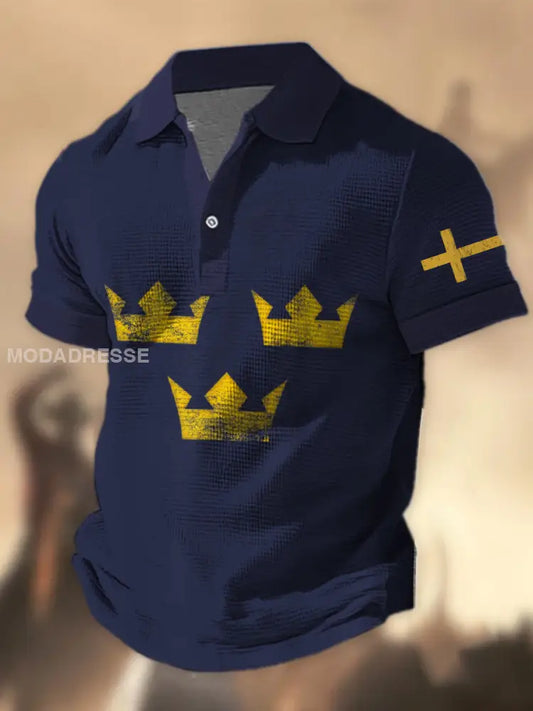 Herren Sverige Flagg Grafiskt tryckt våffle Texture Attlott V-hals korta ärmar Polo tröj A / S