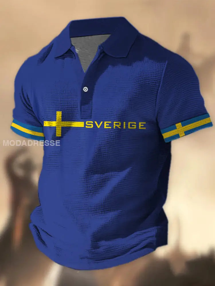 Herren Sverige Flagg Grafiskt tryckt våffle Texture Attlott V-hals korta ärmar Polo tröj A / S