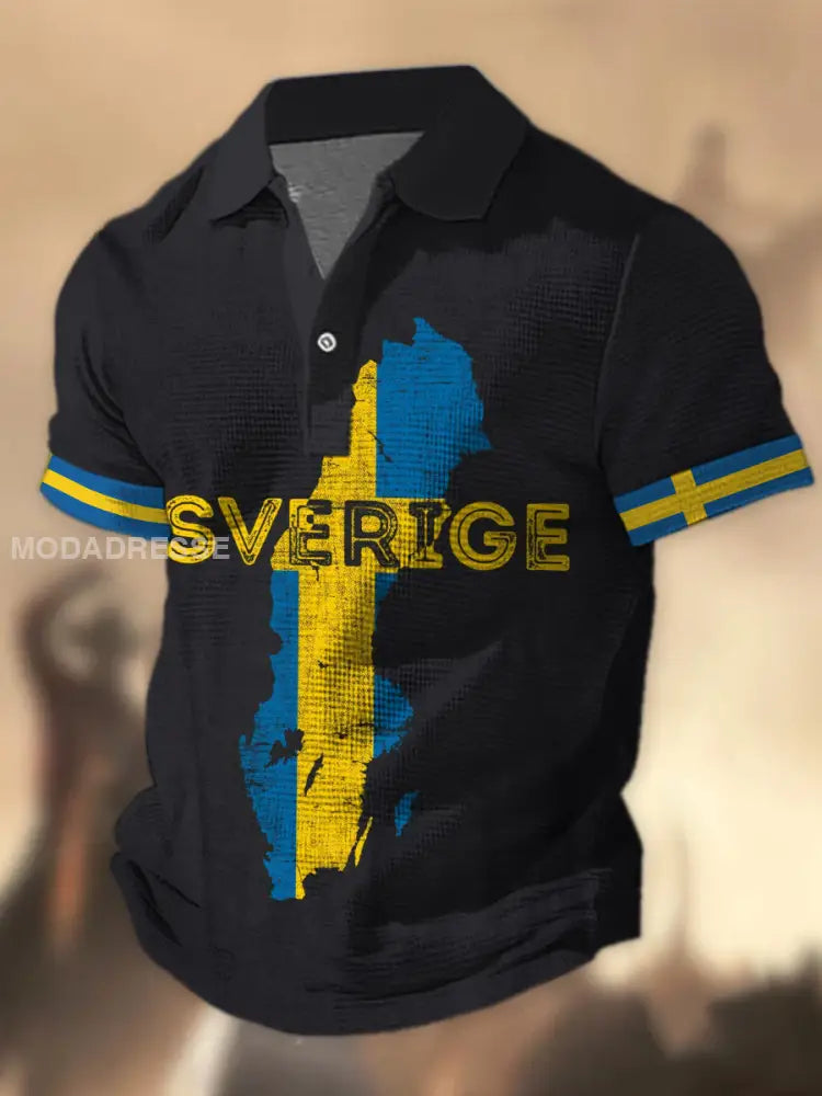 Herren Sverige Flagg Grafiskt tryckt våffle Texture Attlott V-hals korta ärmar Polo tröj A / S