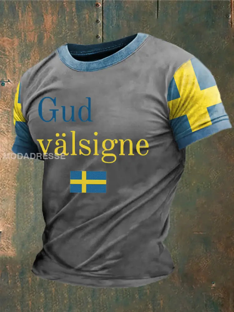 Herrens Gud välsigne Sverige Tryckt T-shirt ljusgrå / S