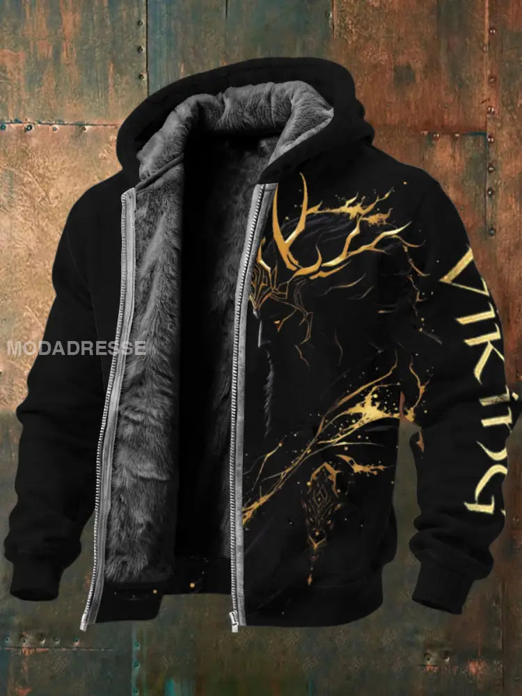 Herrens Luxe Gyllene Viking Antler Skriv ut Fleece-Lined Zip Jacka flerlog / S