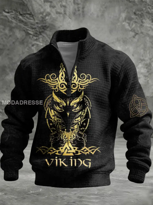Herrens luxet gyllene vikinguggla Skriv ut svart kvilta halv-Zip Hoodie. flerlog / S