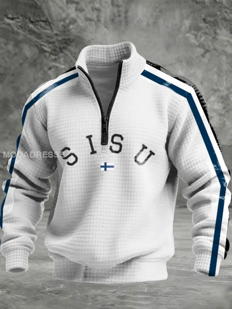 Herrens ren vit ’SISU’ finska kors blå sträcka kvarts-Zip Sweatshirt flerlog / S