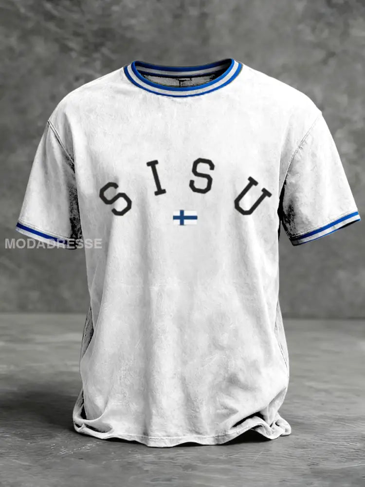 Herrens ren vit ’SISU’ finska korsringar T-shirt flerlog / S