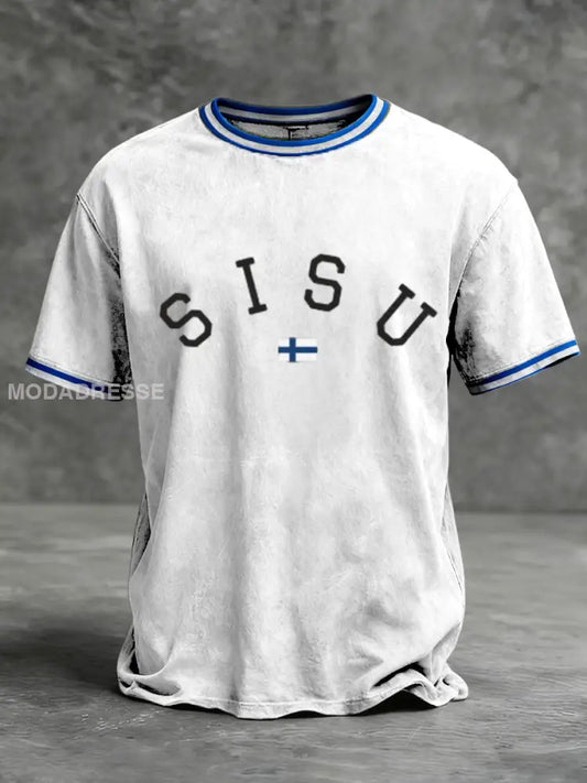 Herrens ren vit ’SISU’ finska korsringar T-shirt flerlog / S