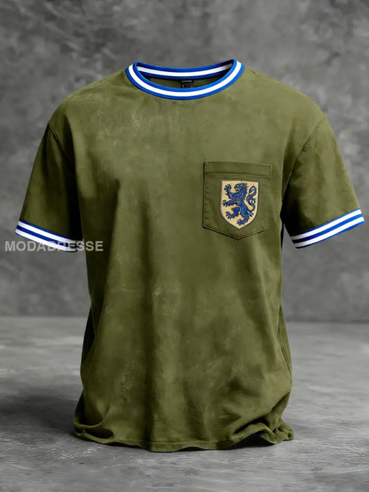 Herrens Retro Olive Lion Crest Pocket Ringer T-shirt flerlog / S