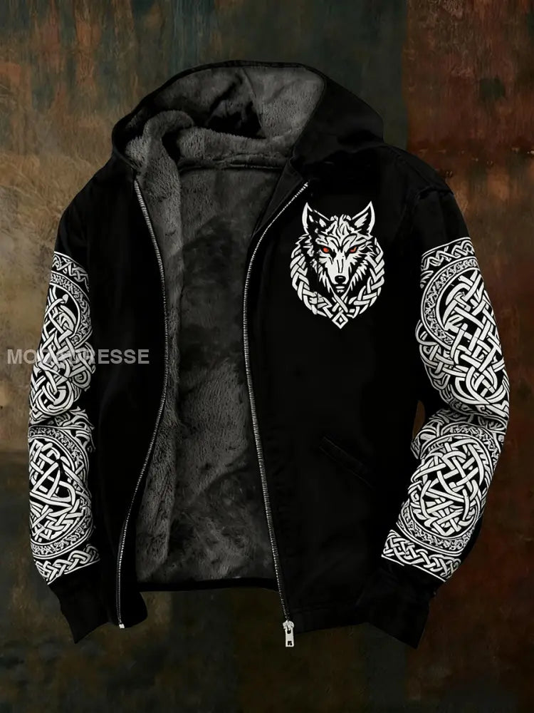 Herrens Retro Viking Celtic Wolf Patchwork Tryckt långärmade huvad jacka svart / S