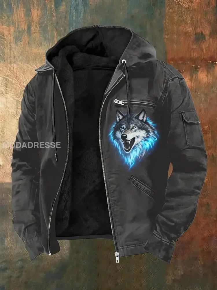 Herrens Retro Viking Wolf Fenrir Skriv ut Casual Zip-Up Fleece Hooded Jacka grå / S
