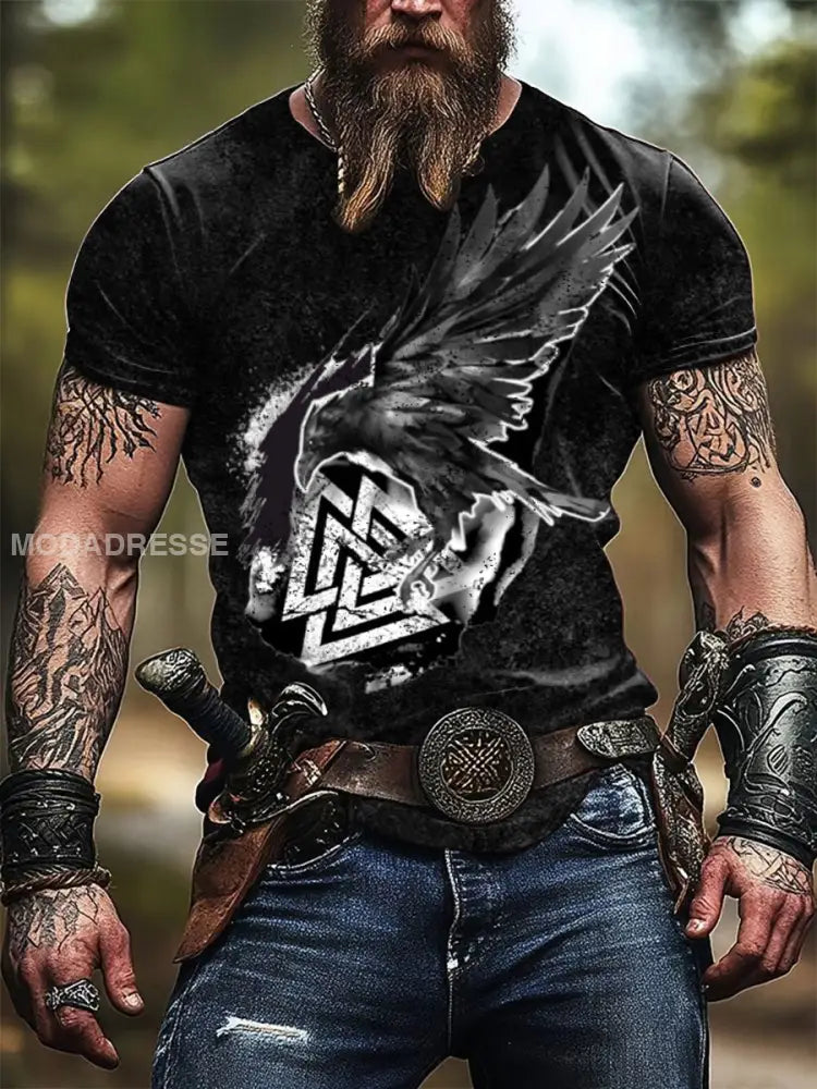 Herrens slät rav & valknut Print Viking T-shirt flerlog / S