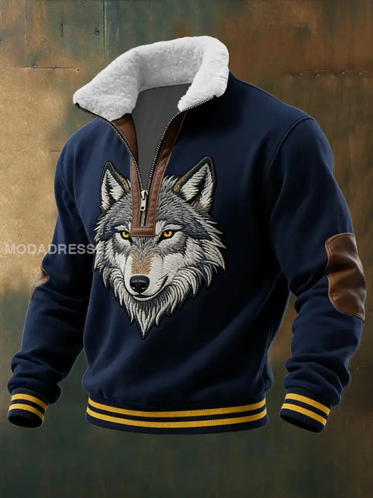 Herrens slanka flotta varg broderier & läder-Accent Sherpa-lined Hoodie flerlog / S