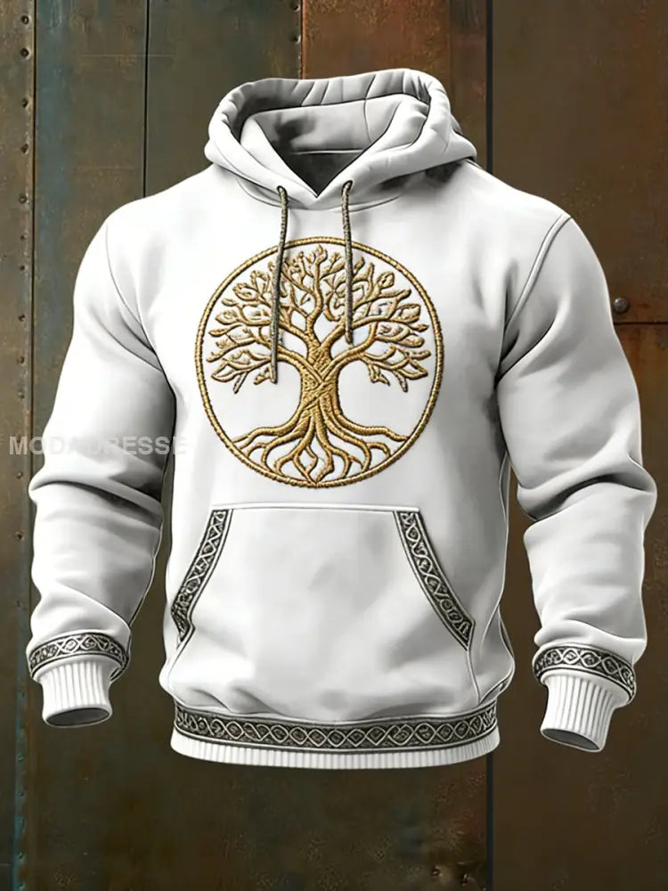 Herrens slanka vit & guld Yggdrasil Broderad Hoodie Broderade flerlog / S