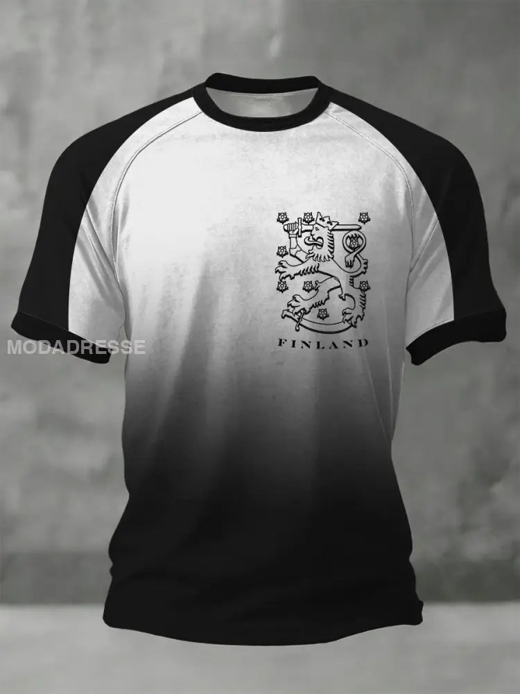 Herrens slanka Vit-svart Ombre Finska Lion Crest Raglan T-shirt flerlog / S