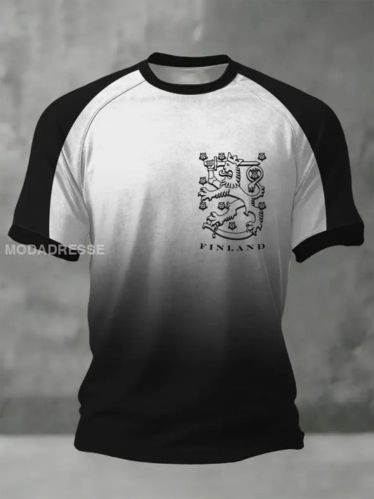 Herrens slanka Vit-svart Ombre Finska Lion Crest Raglan T-shirt flerlog / S