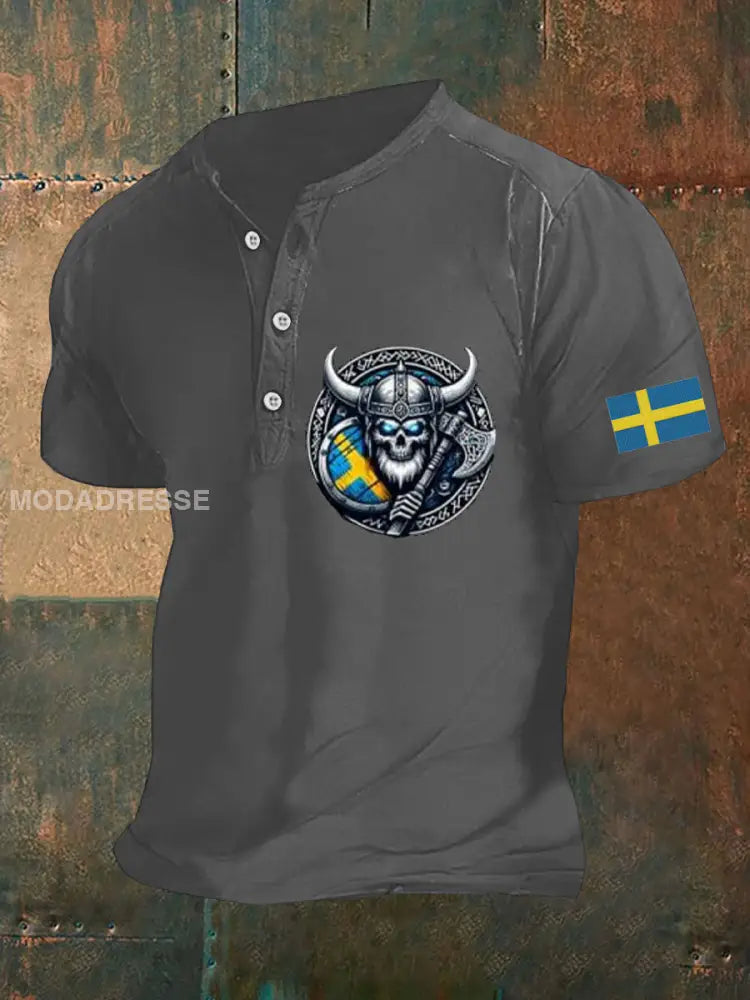 Herrens Sverige Viking Style Skull Tryckt Polo tröj grå / S