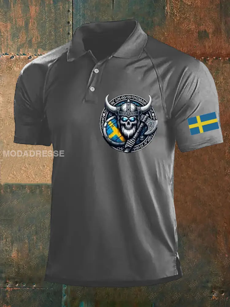 Herrens Sverige Viking Style Skull Tryckt Polo tröj grå / S