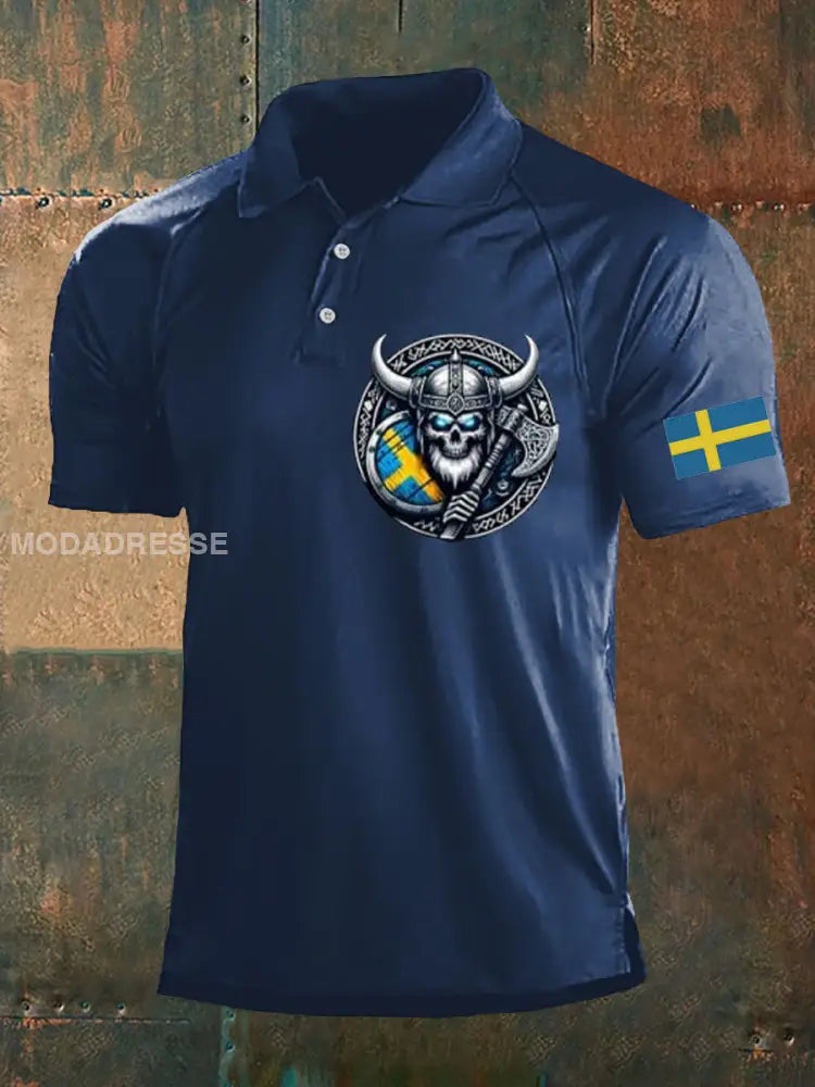 Herrens Sverige Viking Style Skull Tryckt Polo tröj marinblå färg / S