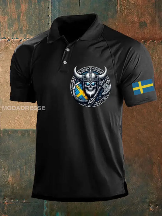 Herrens Sverige Viking Style Skull Tryckt Polo tröj svart / S