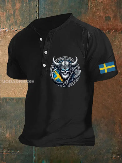 Herrens Sverige Viking Style Skull Tryckt Polo tröj svart / S