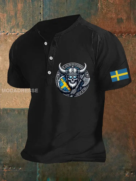 Herrens Sverige Viking Style Skull Tryckt Polo tröj svart / S
