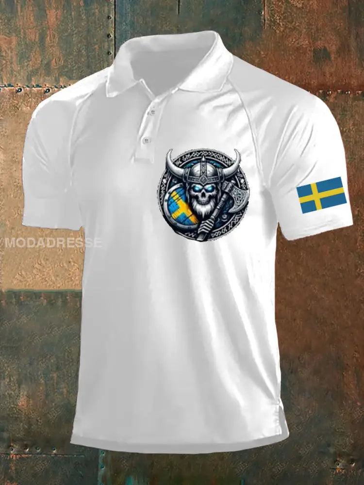 Herrens Sverige Viking Style Skull Tryckt Polo tröj vit / S