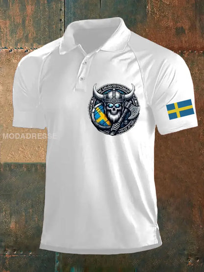 Herrens Sverige Viking Style Skull Tryckt Polo tröj vit / S
