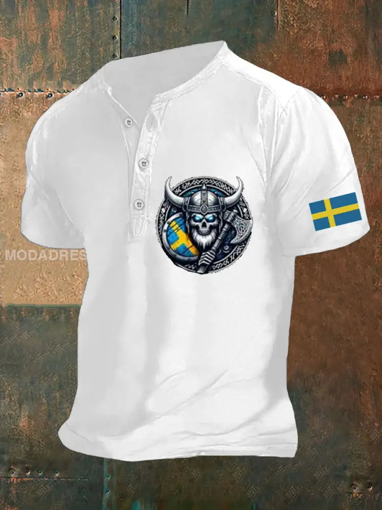 Herrens Sverige Viking Style Skull Tryckt Polo tröj vit / S