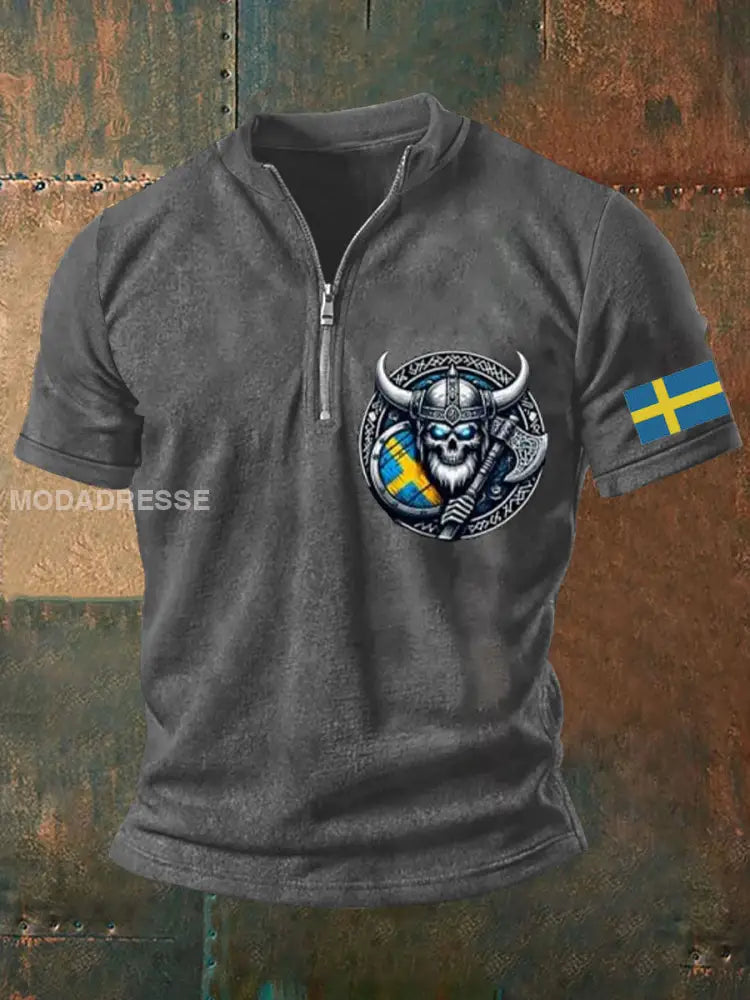 Herrens Sverige Viking Style Skull Tryckt topp grå / S
