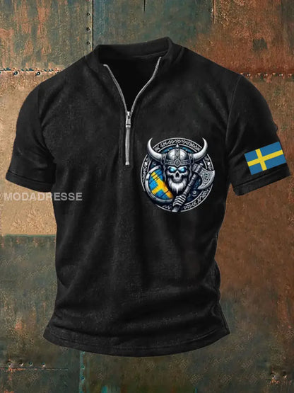 Herrens Sverige Viking Style Skull Tryckt topp svart / S