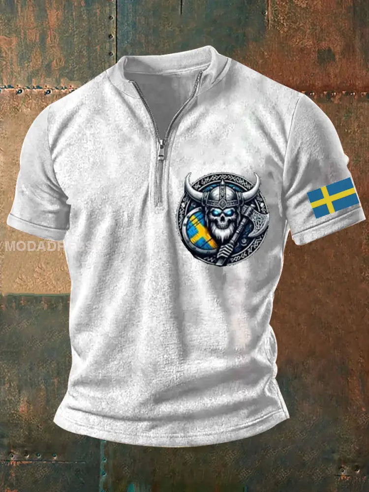 Herrens Sverige Viking Style Skull Tryckt topp vit / S