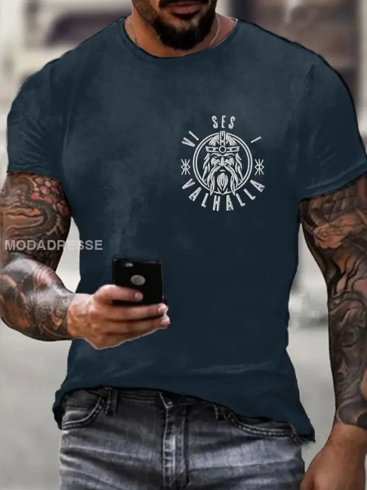 Herrens Sverige Viking Style Vi ses i Valhalla Tryckt T-shirt marinblå färg / S