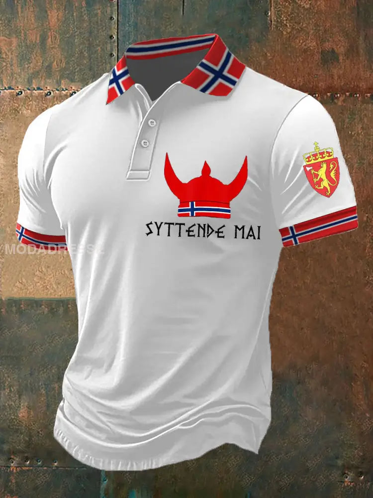 Herrens viking 17. mai trykt polo skjorte kvit / S