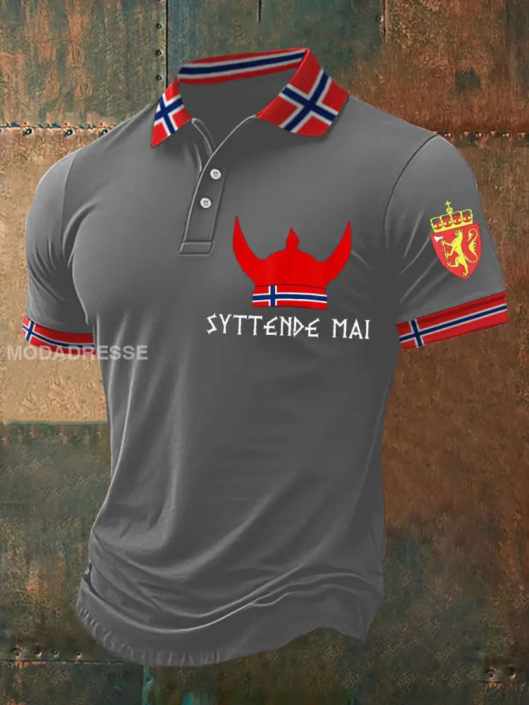 Herrens viking 17. mai trykt polo skjorte lys grå / S