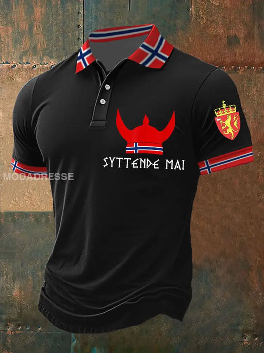 Herrens viking 17. mai trykt polo skjorte svart / S