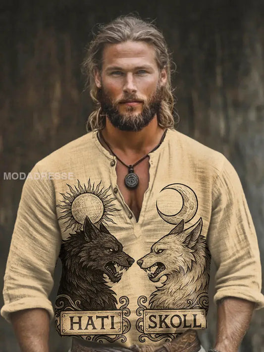 Herrens Viking Mytologi Sköll & Hati bomull och linne långärmad topp Khaki / S