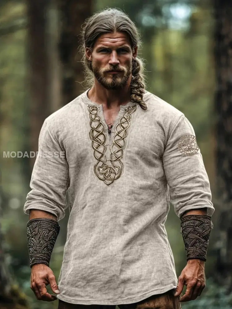 Herrens Viking tre-kvarts-ärm bomull och linne topp aprikot / S