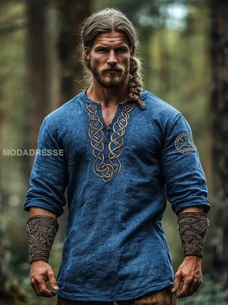 Herrens Viking tre-kvarts-ärm bomull och linne topp blå / S
