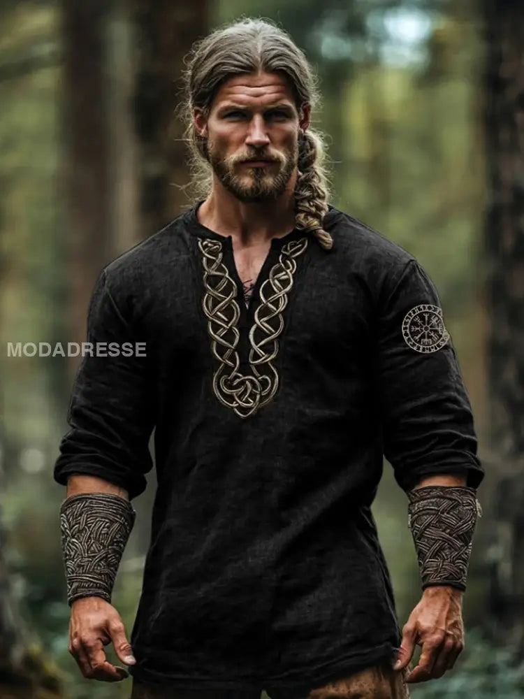 Herrens Viking tre-kvarts-ärm bomull och linne topp svart / S