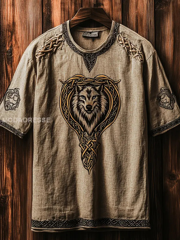 Herrens Viking Wolf Totem bomull och linne kort ärm T-shirt Aprikot / S